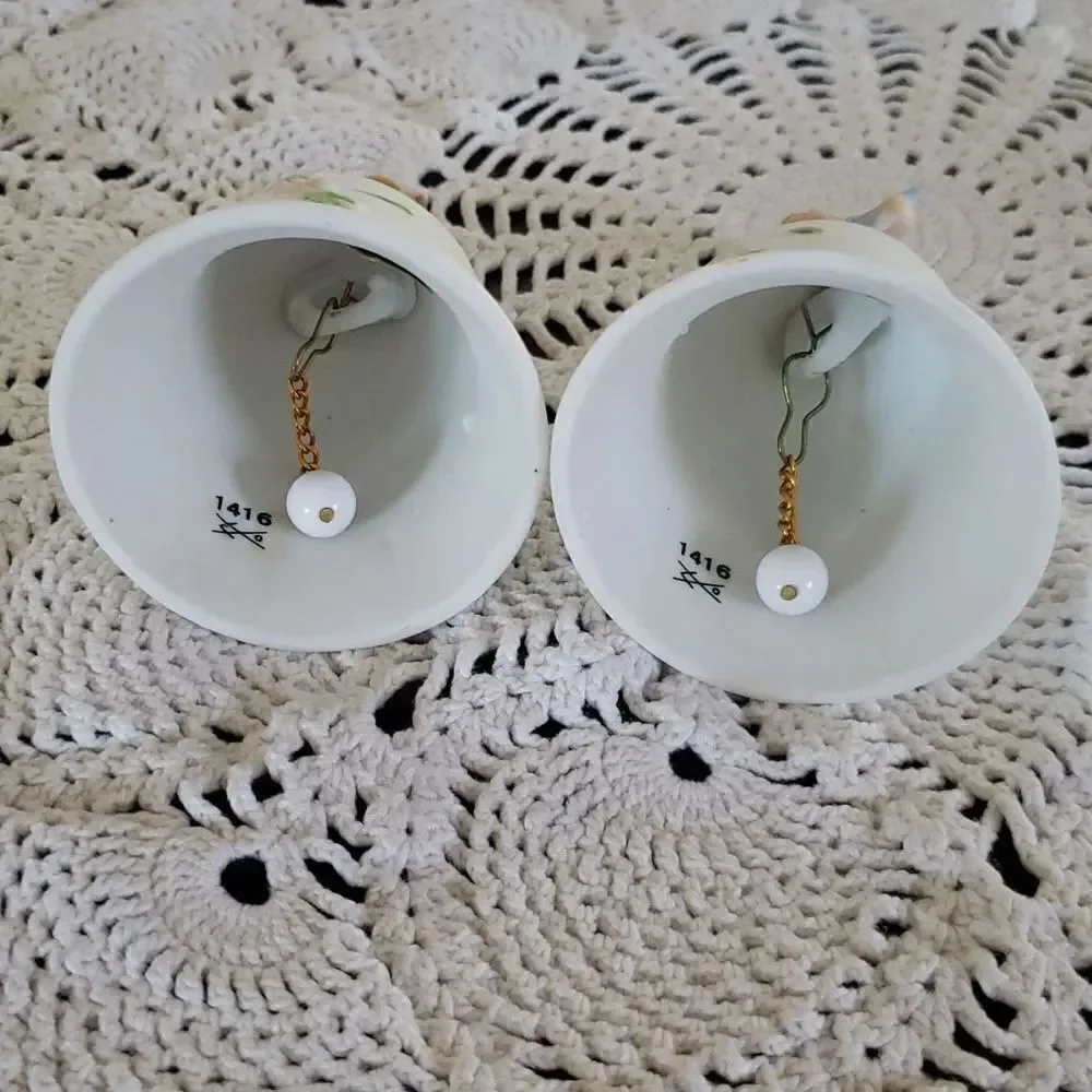 Cute Pair Vtg Homco Porcelain Bells Boy Girl Playing Instruments Floral Design